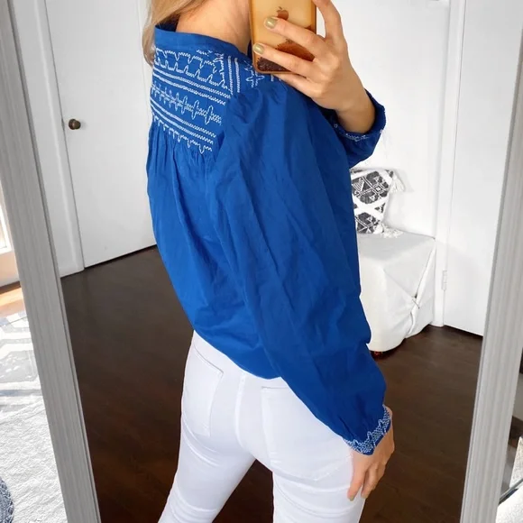 💙 ZARA BOHO BLUE WHITE FLORAL EMBROIDERED LONG SLEEVE CROPPED BLOUSE! - Picture 4 of 14